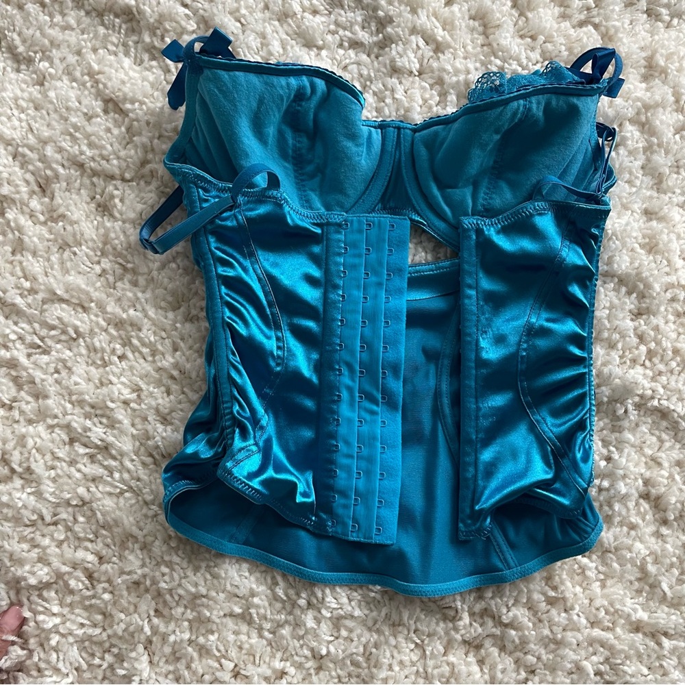 victoria’s secret bustier-shiny satin turquoise aqua blue ruffle lace vintage - Picture 3 of 10